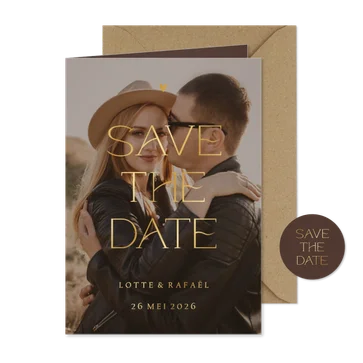 Save the date kaart met grote foto en goudfolie